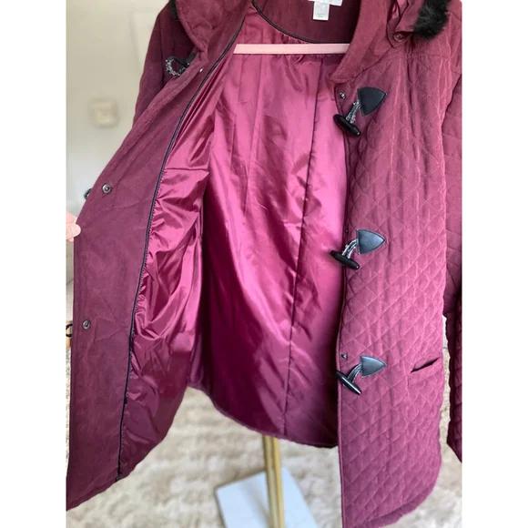 Christopher & Banks Quilted Peacoat Maroon Toggle Button Hooded Jacket L Classic - Picture 9 of 12
